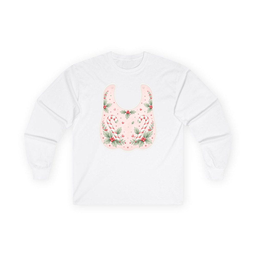 Pink Candy Cane Baby Bib personalised long sleeve Christmas T-shirt in white
