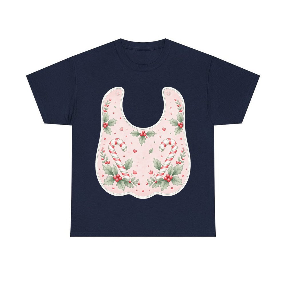 Pink Candy Cane Baby Bib personalised Christmas T-shirt in navy