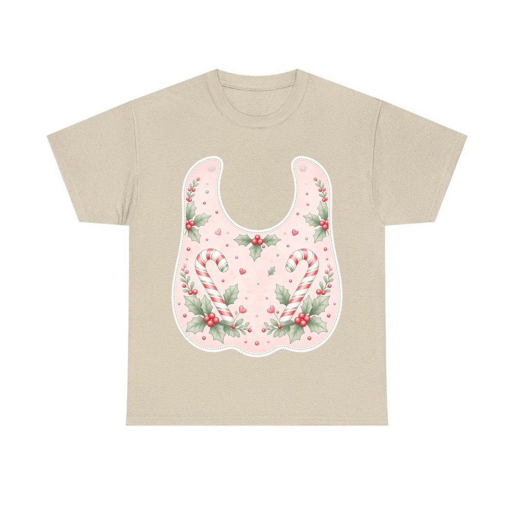 Pink Candy Cane Baby Bib personalised Christmas T-shirt in sand