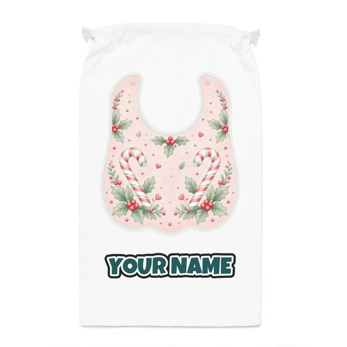 Pink Candy Cane Baby Bib Santa sack laid flat, showing the full print
