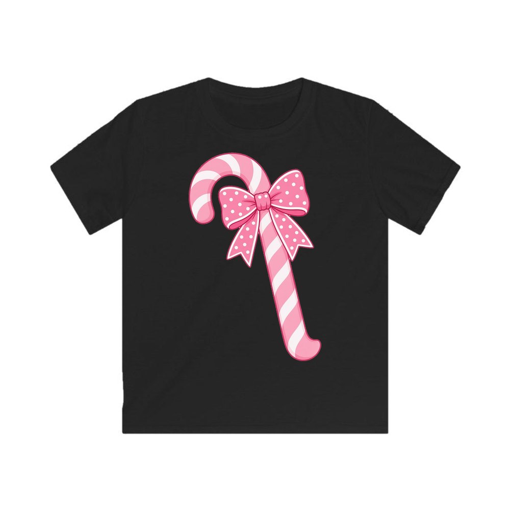 Pink Candy Cane Bow personalised kids Christmas tee in black