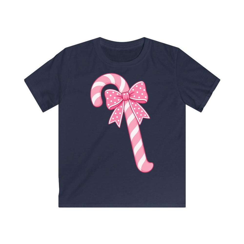 Pink Candy Cane Bow personalised kids Christmas tee in navy