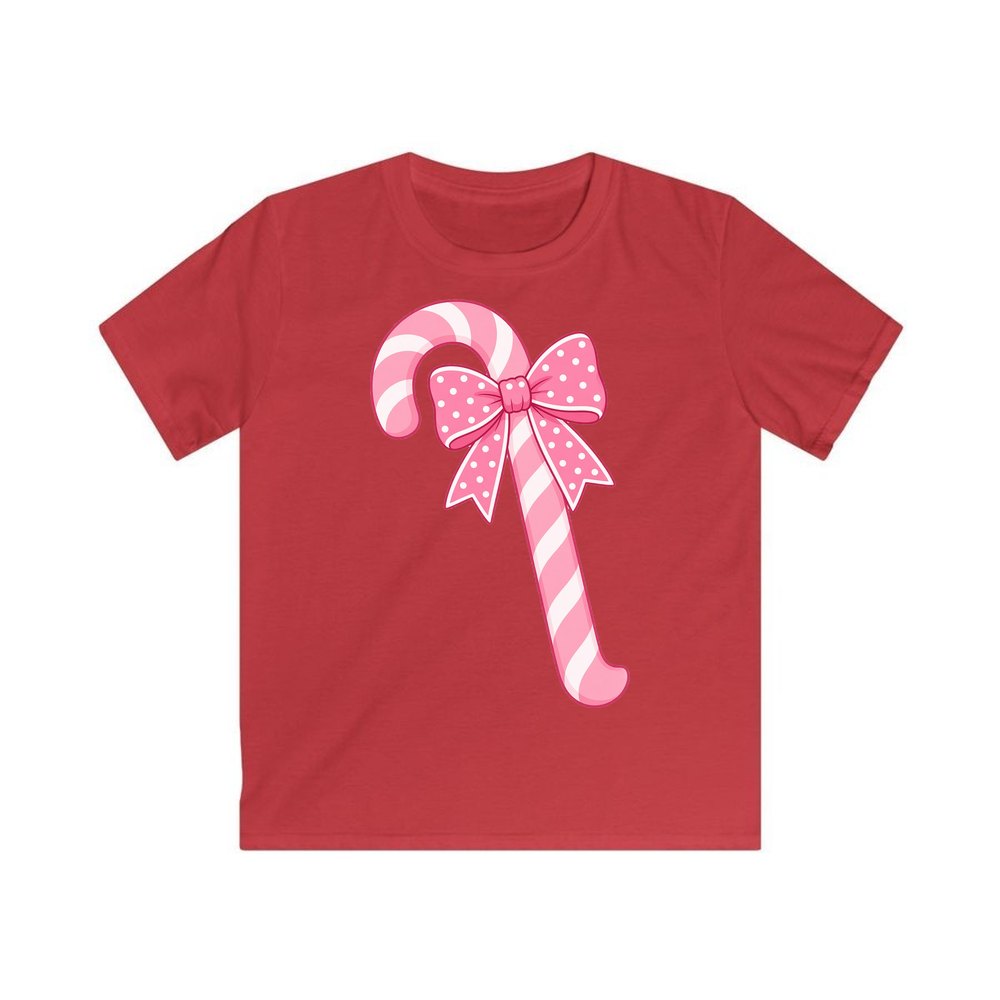 Pink Candy Cane Bow personalised kids Christmas tee in red