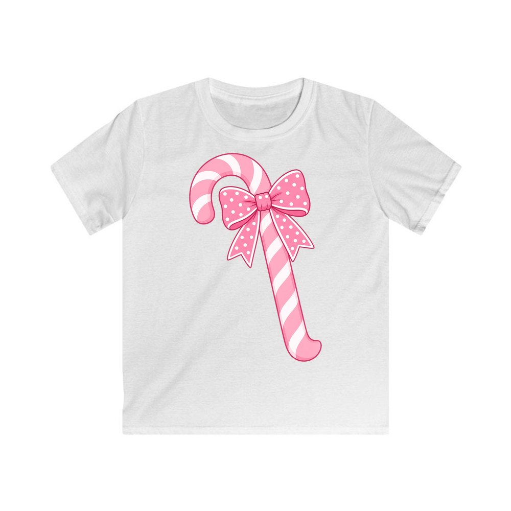 Pink Candy Cane Bow personalised kids Christmas tee in white
