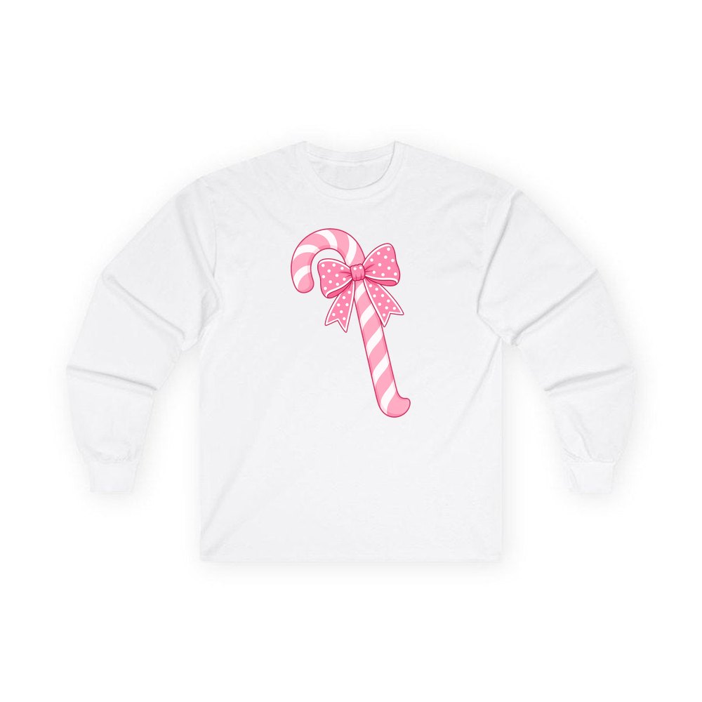 Pink Candy Cane Bow personalised long sleeve Christmas T-shirt in white