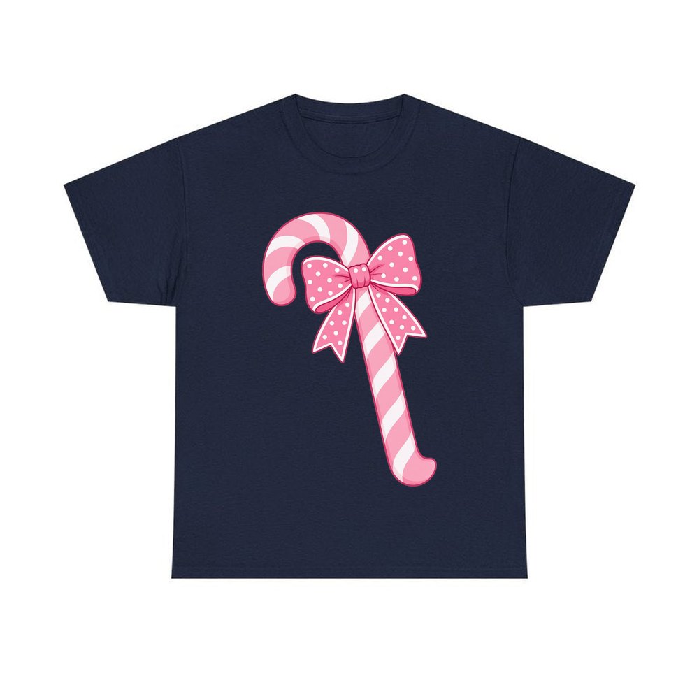 Pink Candy Cane Bow personalised Christmas T-shirt in navy