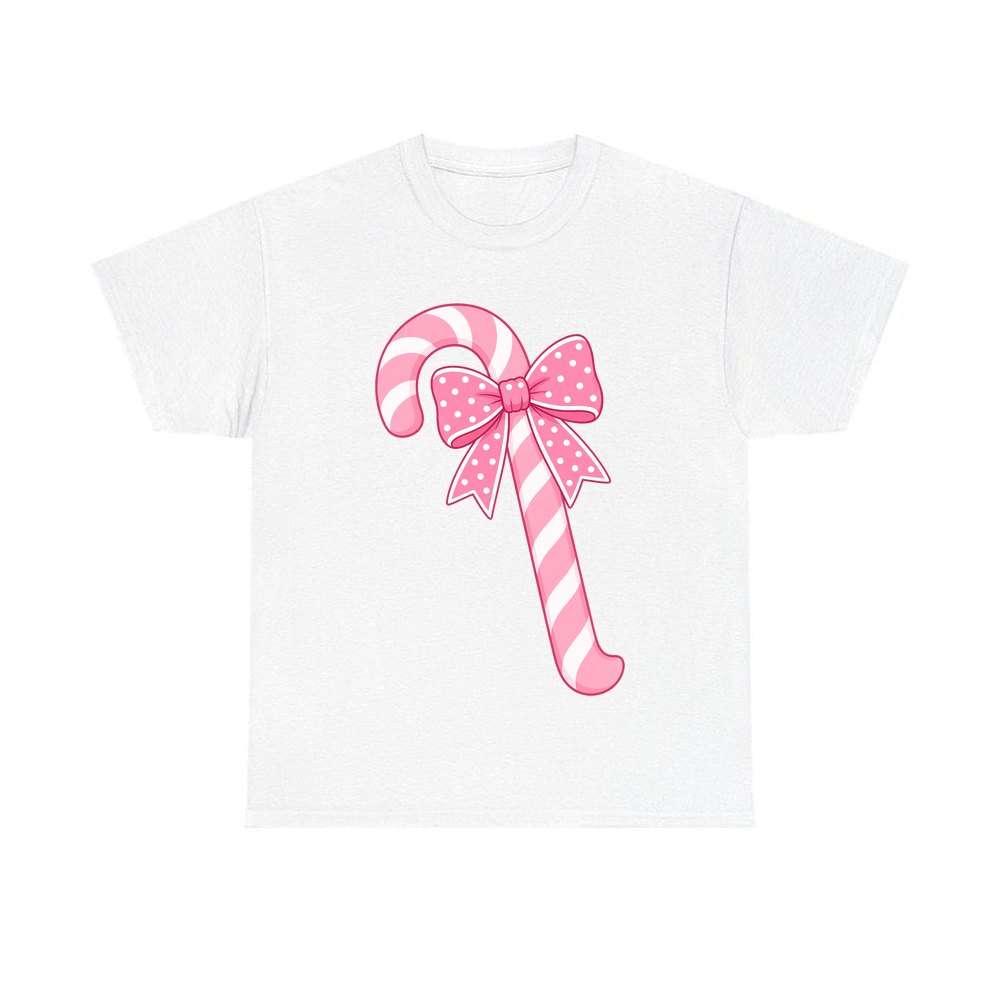 Pink Candy Cane Bow personalised Christmas T-shirt in white