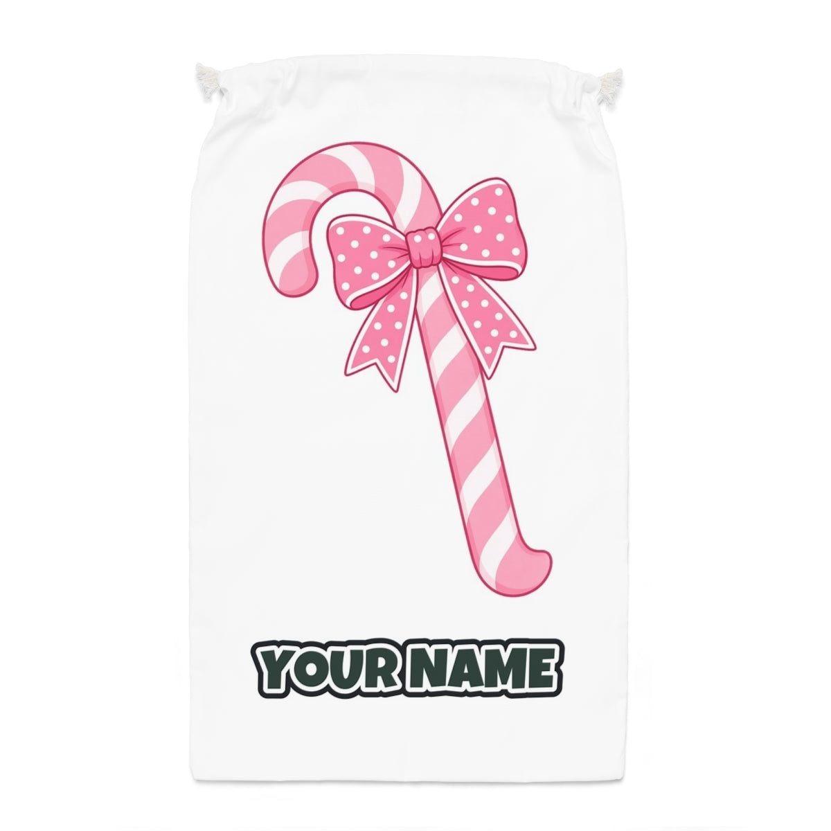 Pink Candy Cane Bow Santa sack laid flat, showing the full print