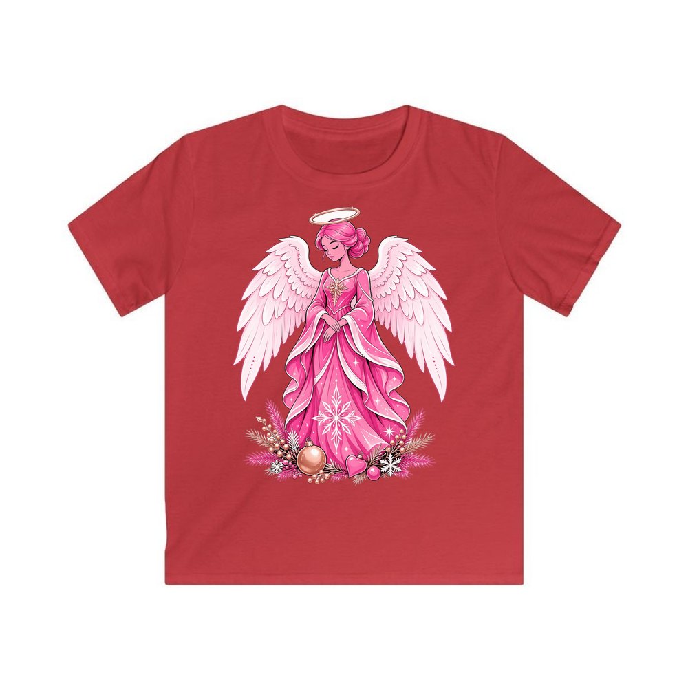 Pink Christmas Angel personalised kids Christmas tee in red