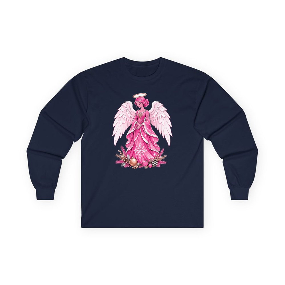 Pink Christmas Angel personalised long sleeve Christmas T-shirt in navy