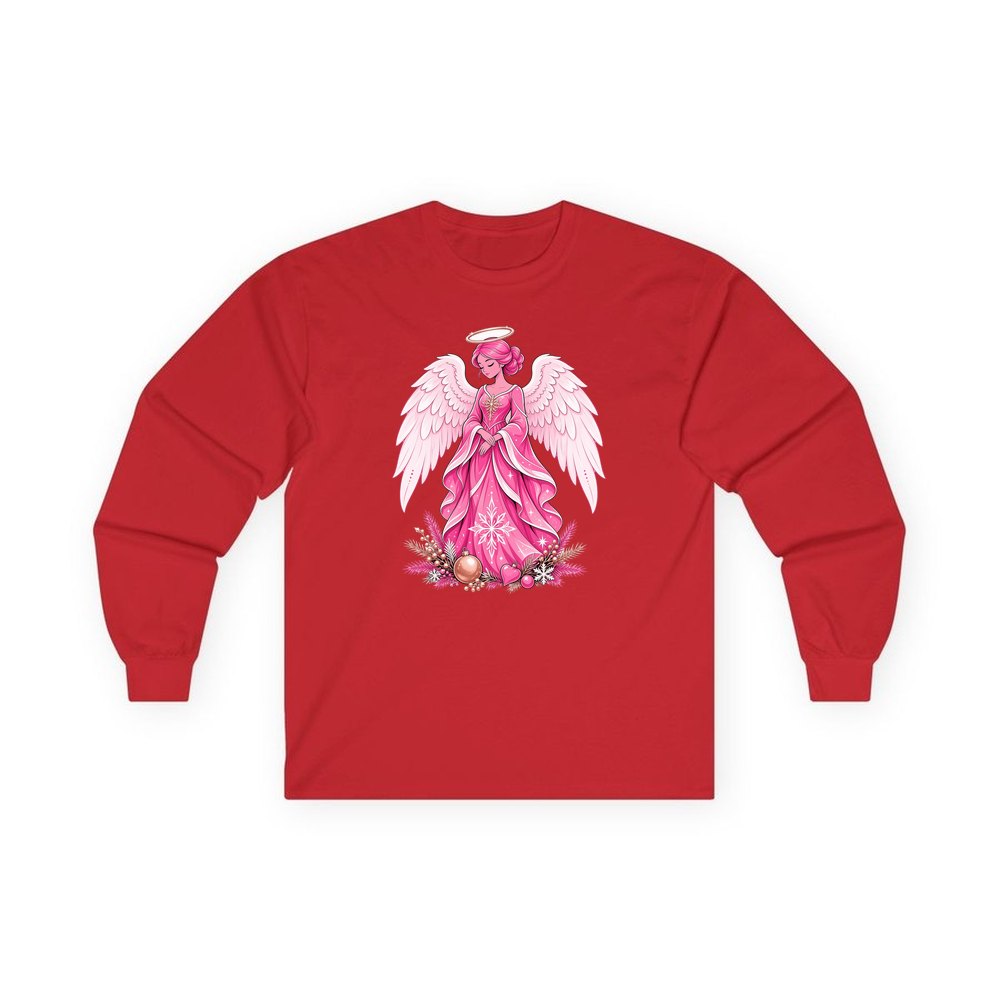 Pink Christmas Angel personalised long sleeve Christmas T-shirt in red