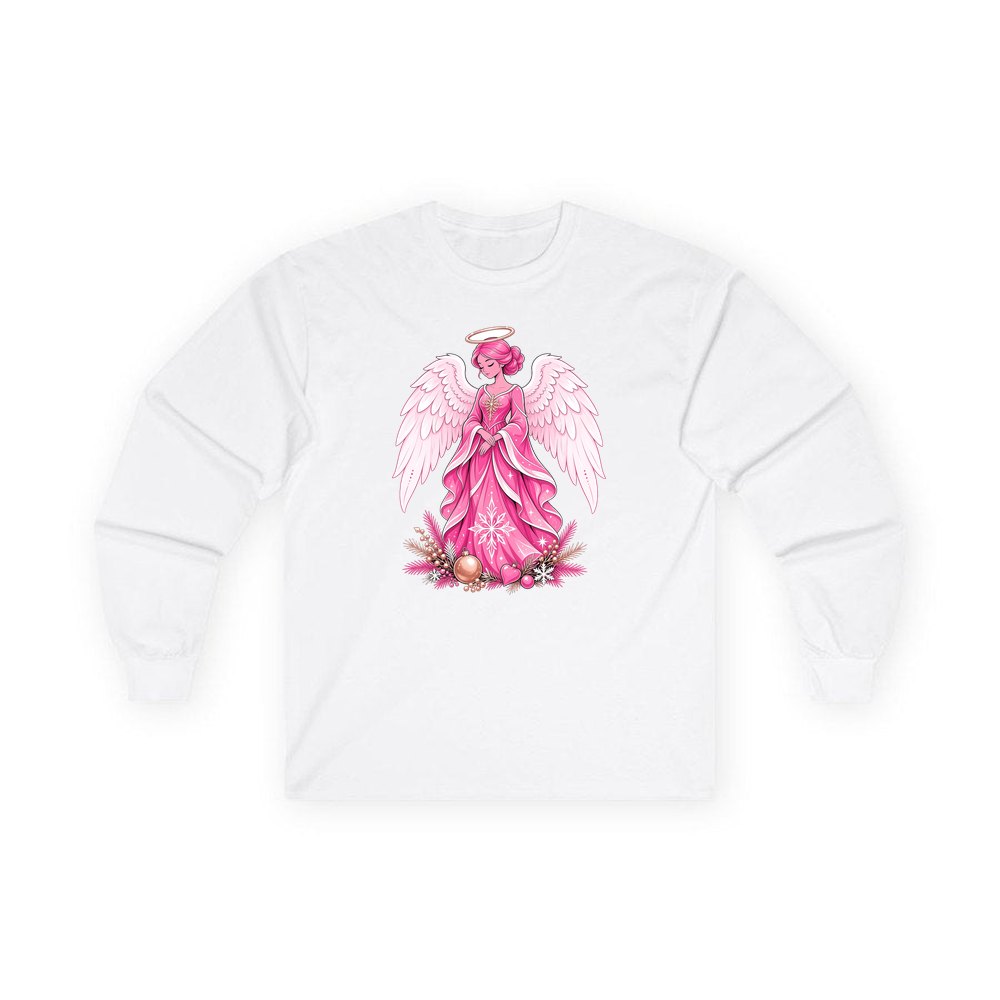 Pink Christmas Angel personalised long sleeve Christmas T-shirt in white