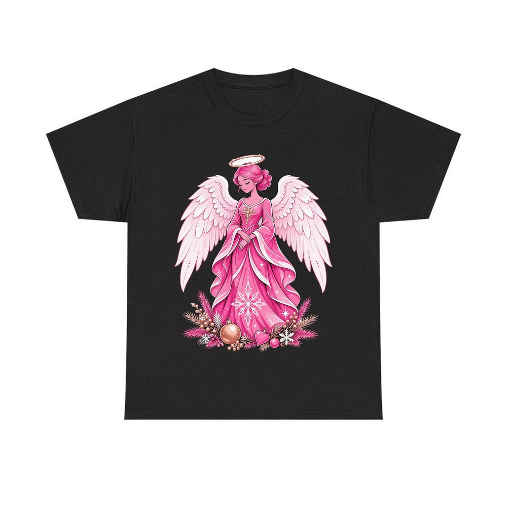 Pink Christmas Angel personalised Christmas T-shirt in black