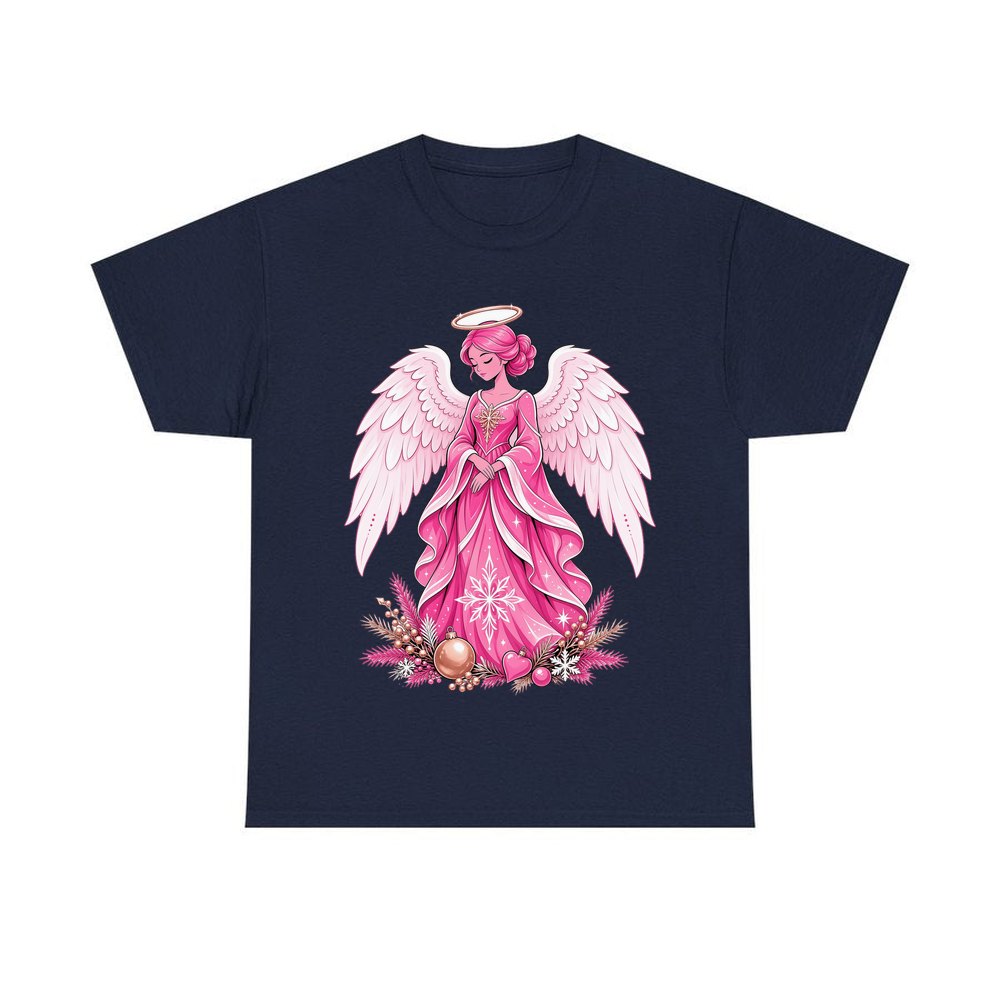Pink Christmas Angel personalised Christmas T-shirt in navy