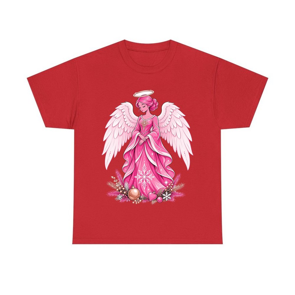 Pink Christmas Angel personalised Christmas T-shirt in red