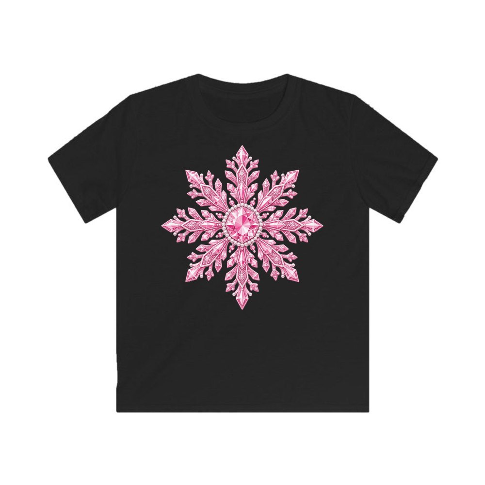 Pink Crystal Snowflake personalised kids Christmas tee in black