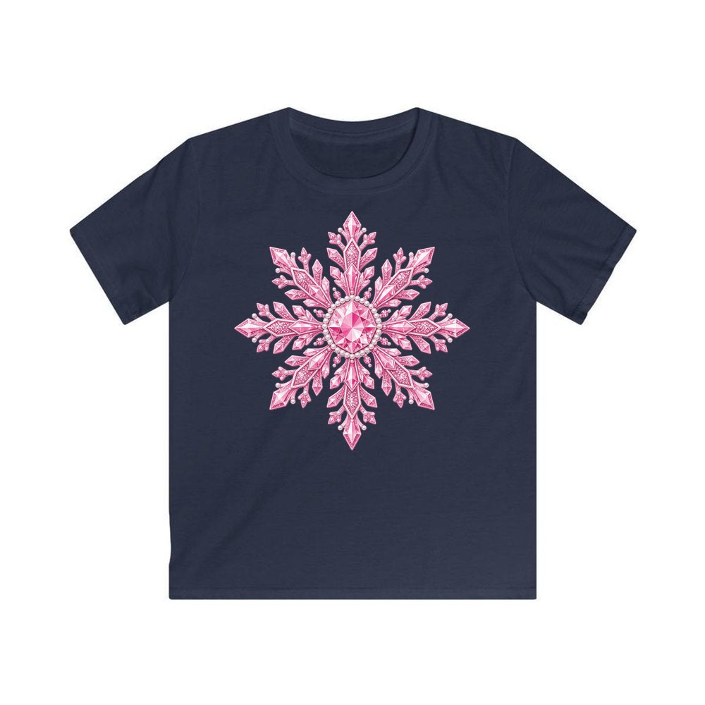 Pink Crystal Snowflake personalised kids Christmas tee in navy