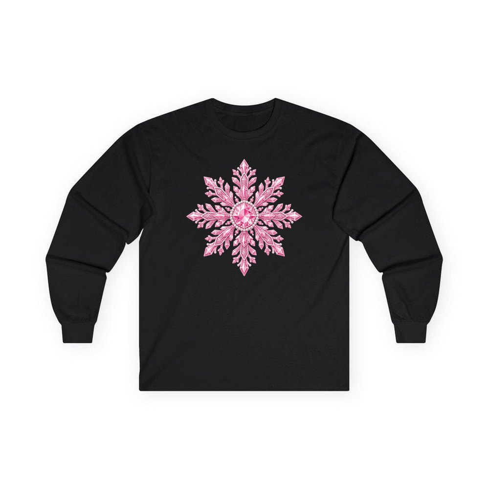 Pink Crystal Snowflake personalised long sleeve Christmas T-shirt in black