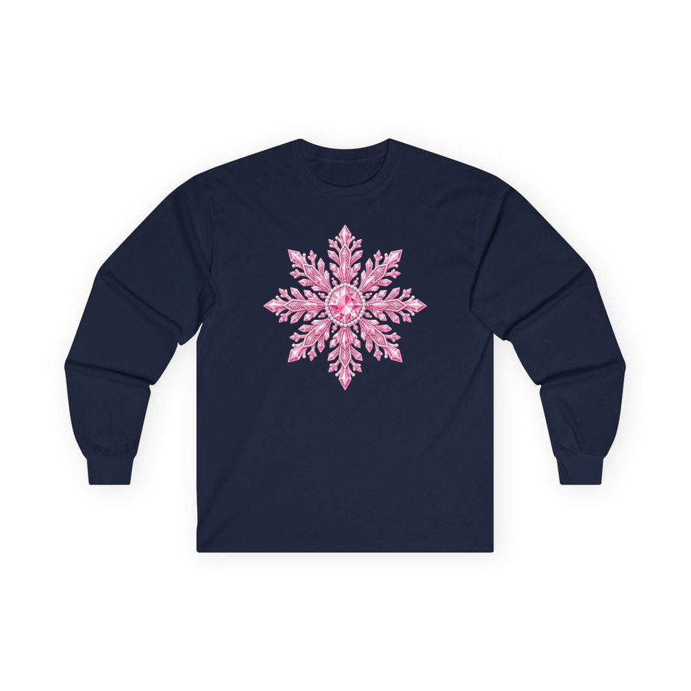 Pink Crystal Snowflake personalised long sleeve Christmas T-shirt in navy
