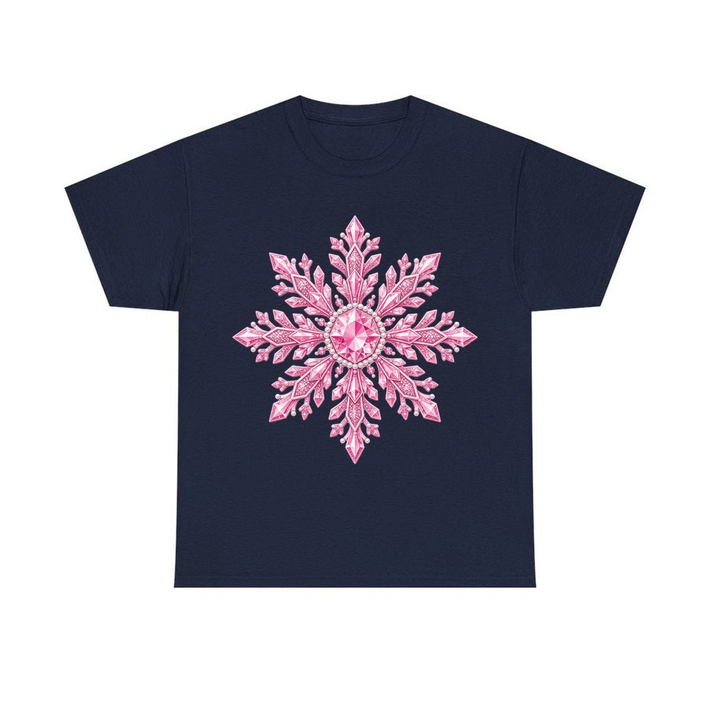 Pink Crystal Snowflake personalised Christmas T-shirt in navy