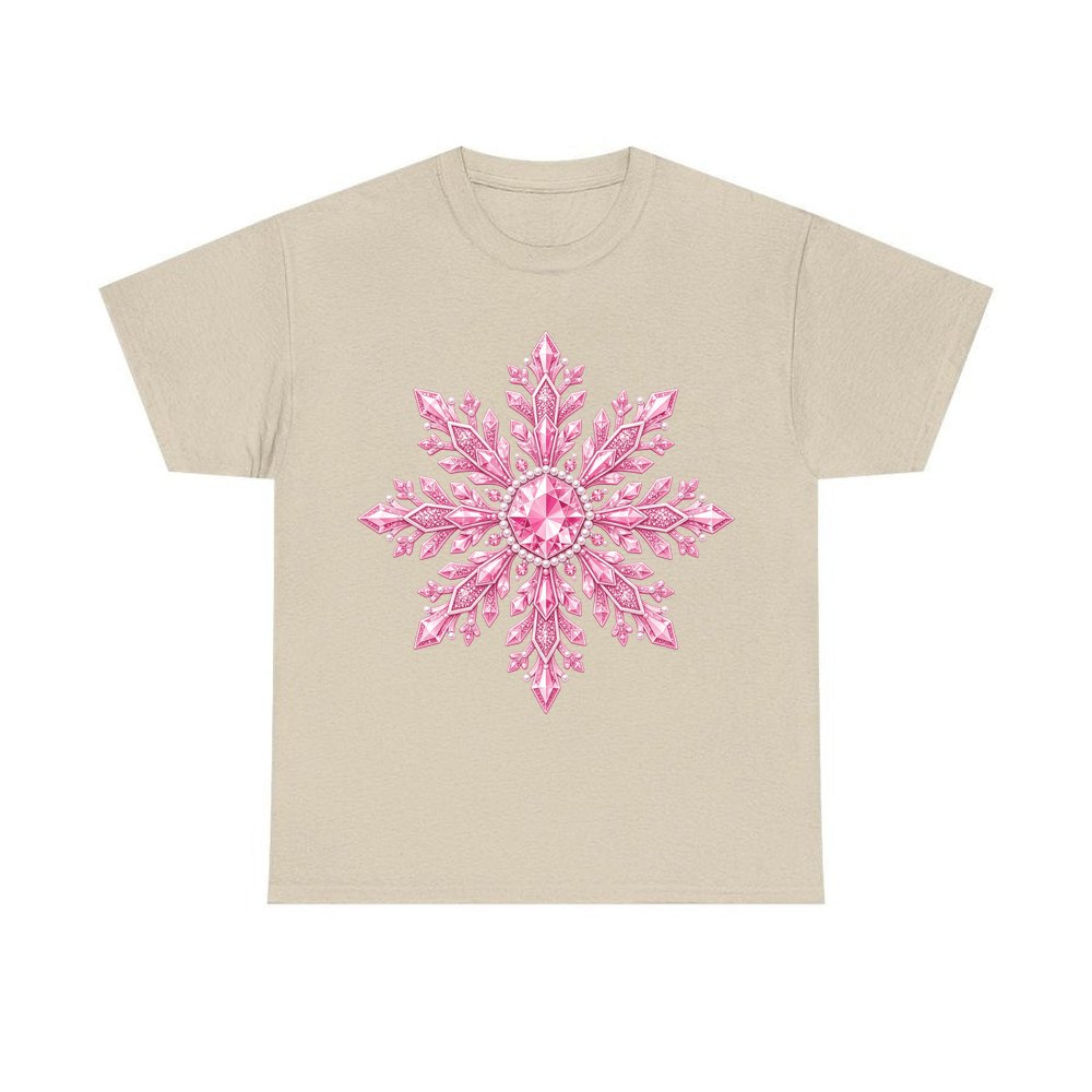 Pink Crystal Snowflake personalised Christmas T-shirt in sand