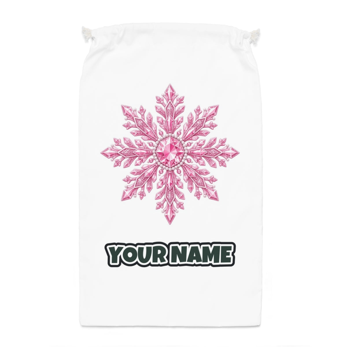 Pink Crystal Snowflake Santa sack laid flat, showing the full print