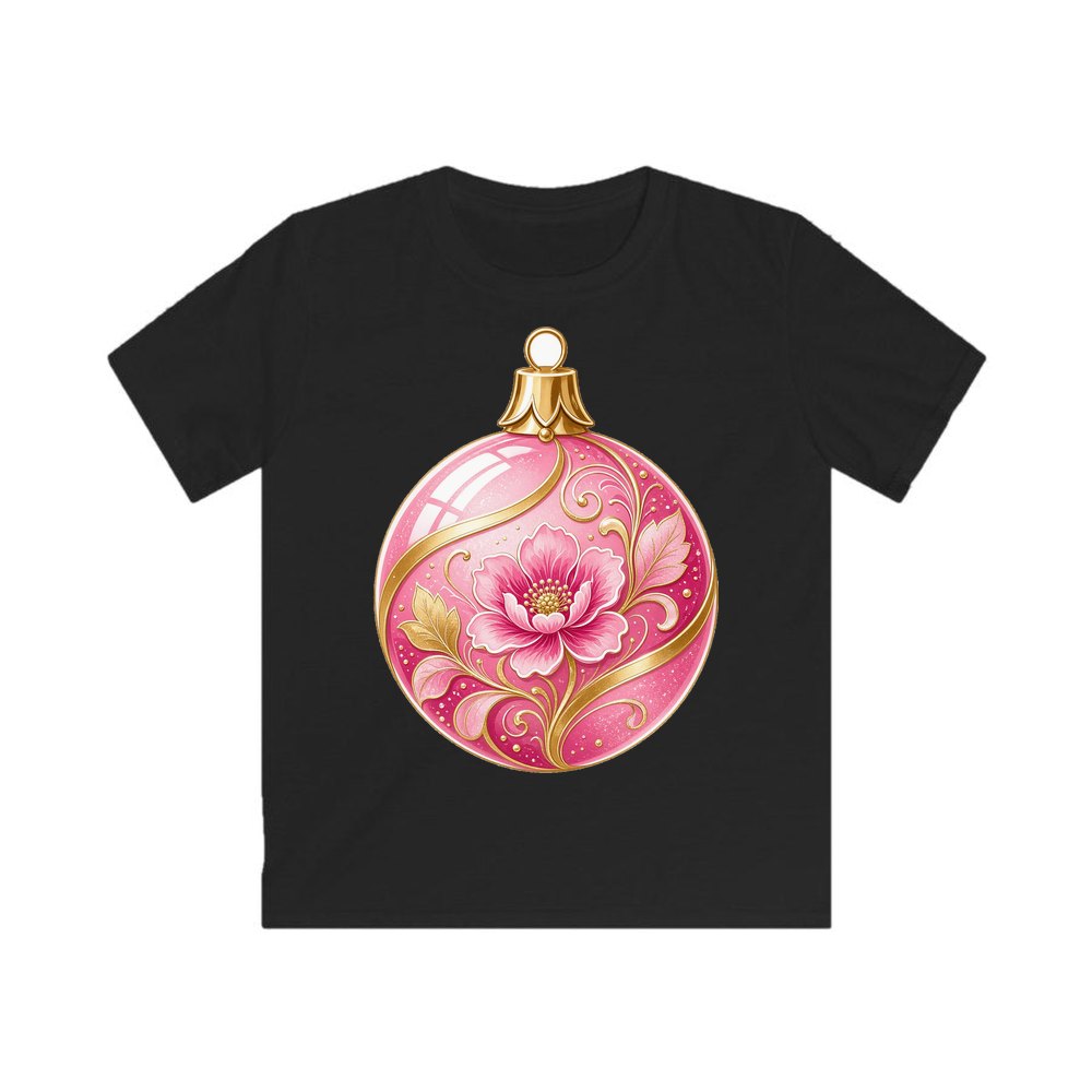 Pink Floral Bauble personalised kids Christmas tee in black