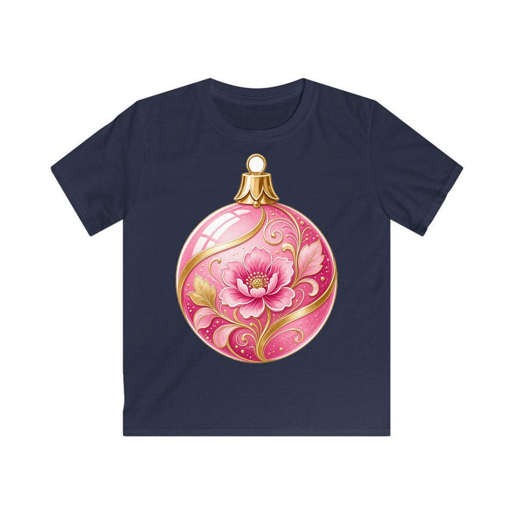Pink Floral Bauble personalised kids Christmas tee in navy
