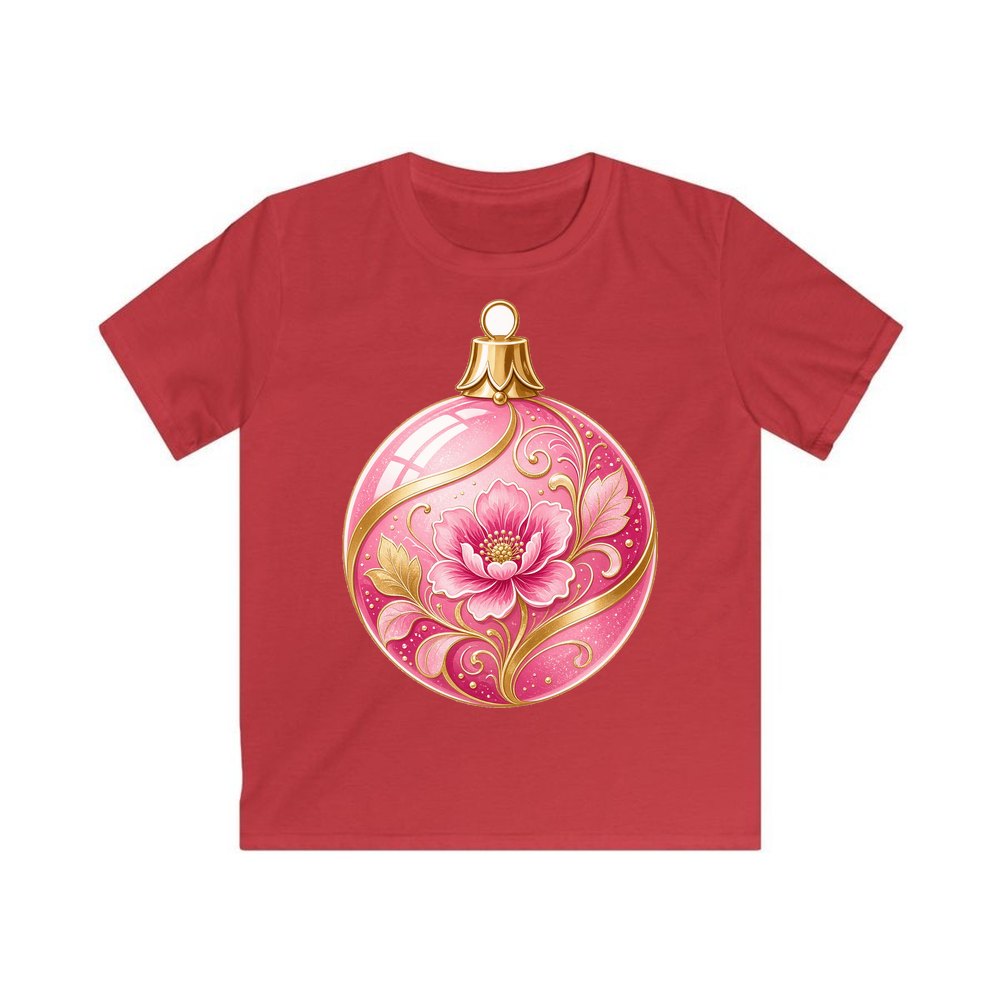 Pink Floral Bauble personalised kids Christmas tee in red