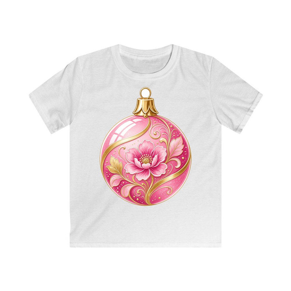 Pink Floral Bauble personalised kids Christmas tee in white