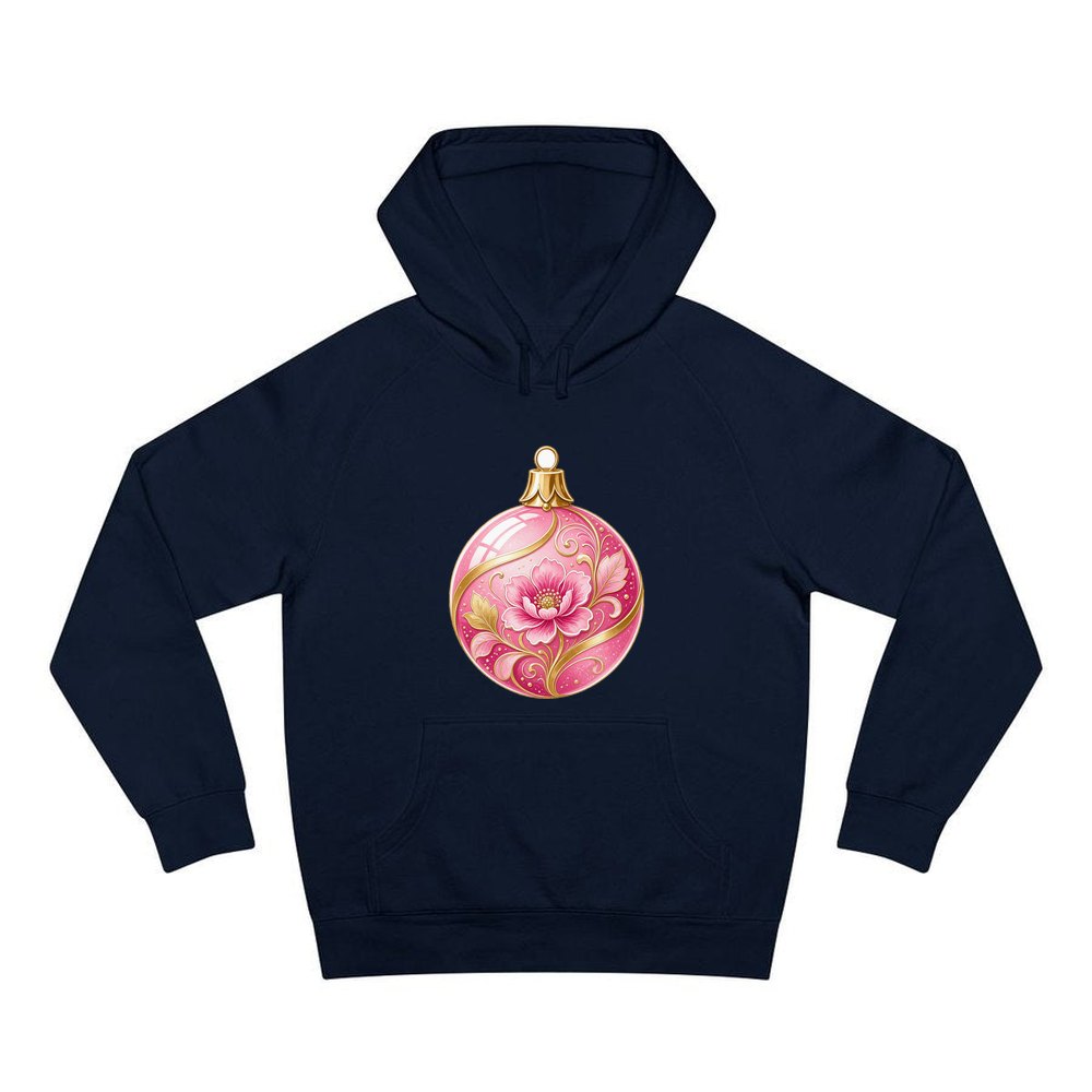 Pink Floral Bauble personalised Christmas hoodie in navy