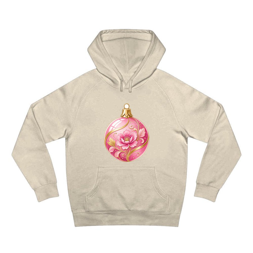 Pink Floral Bauble personalised Christmas hoodie in sand