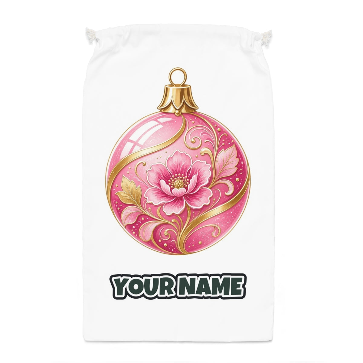 Pink Floral Bauble Santa sack laid flat, showing the full print