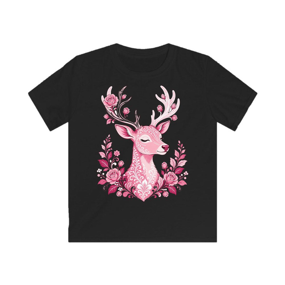 Pink Floral Reindeer personalised kids Christmas tee in black