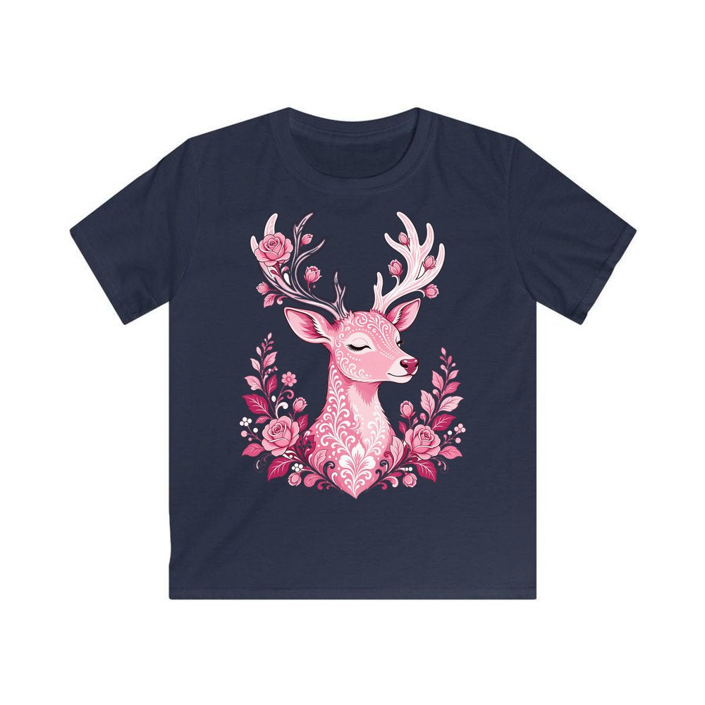 Pink Floral Reindeer personalised kids Christmas tee in navy