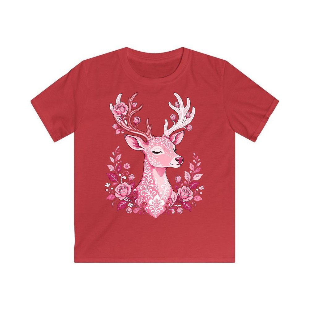 Pink Floral Reindeer personalised kids Christmas tee in red