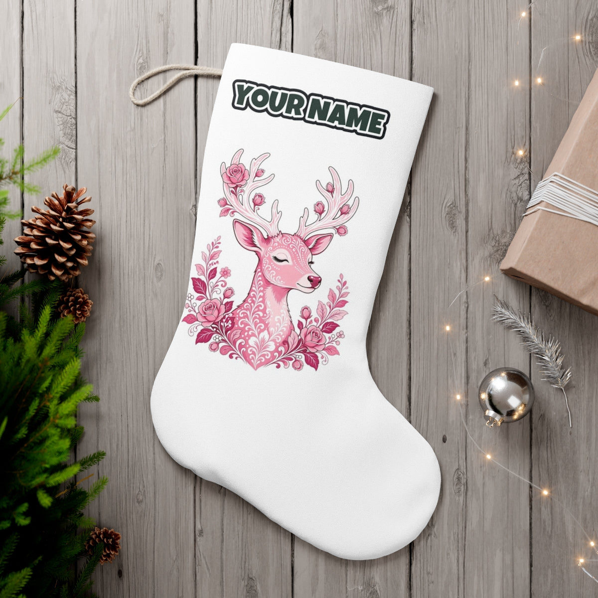 Pink Floral Reindeer personalised Christmas stocking, white, with the name across the top