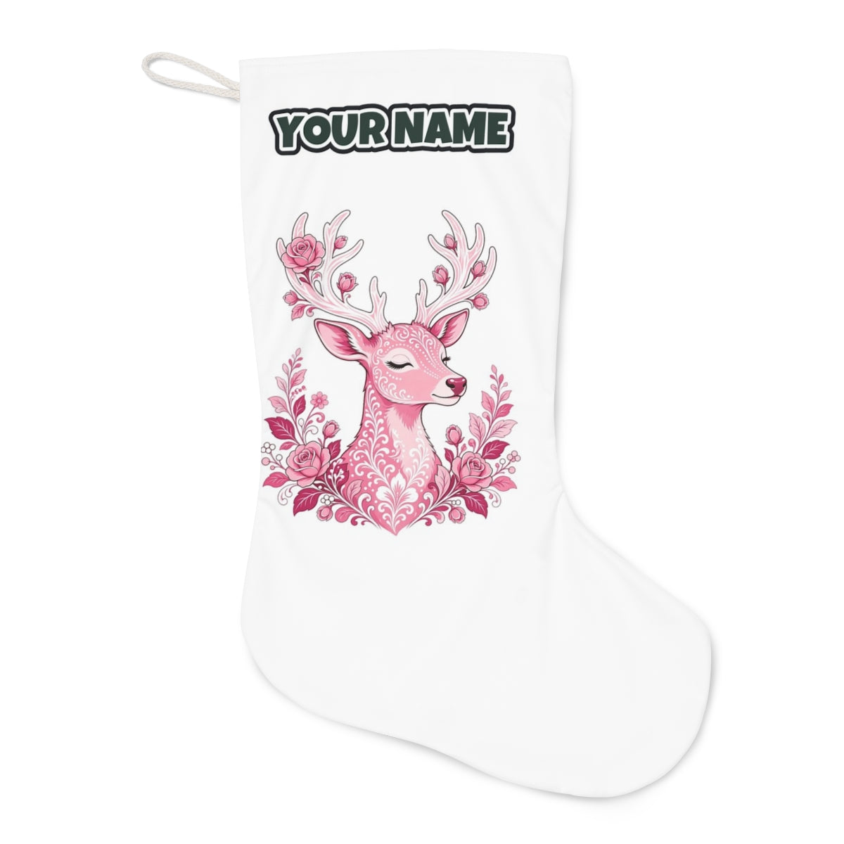Pink Floral Reindeer Christmas stocking laid flat, showing the full print