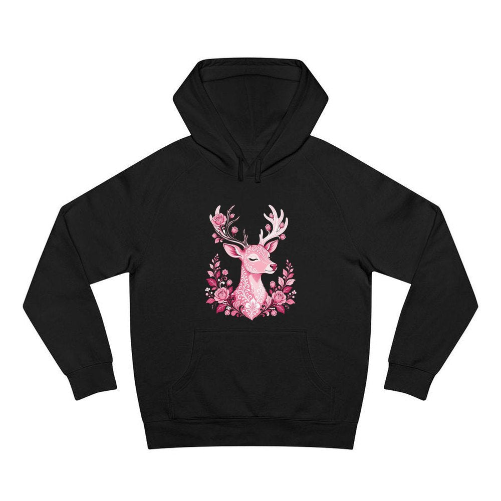 Pink Floral Reindeer personalised Christmas hoodie in black