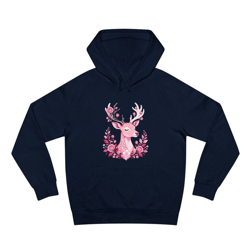 Pink Floral Reindeer personalised Christmas hoodie in navy