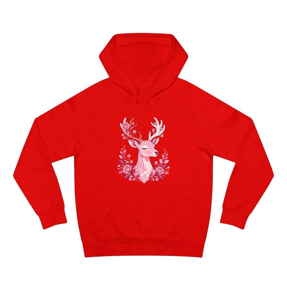 Pink Floral Reindeer personalised Christmas hoodie in red