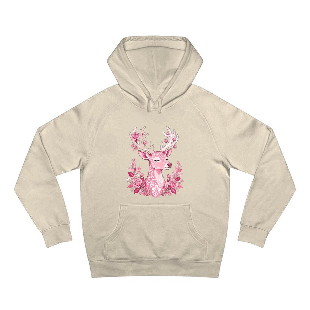 Pink Floral Reindeer personalised Christmas hoodie in sand