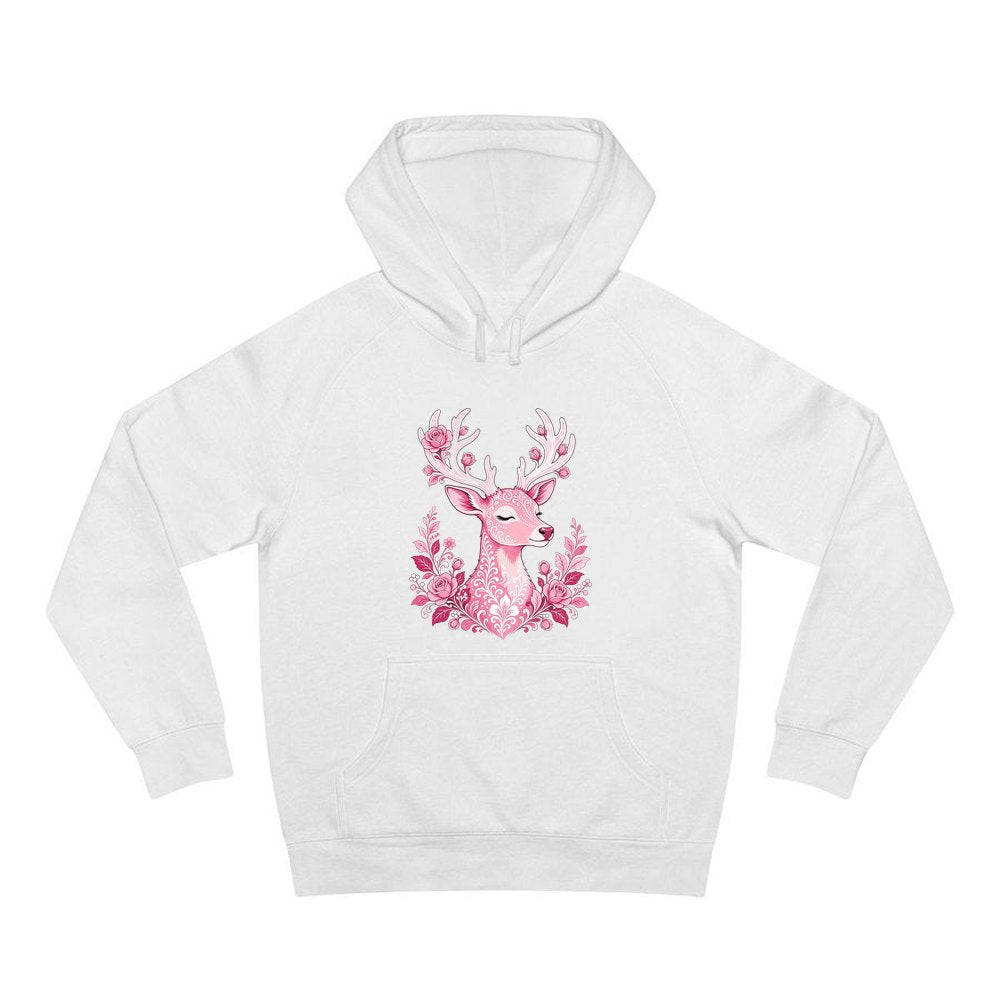 Pink Floral Reindeer personalised Christmas hoodie in white