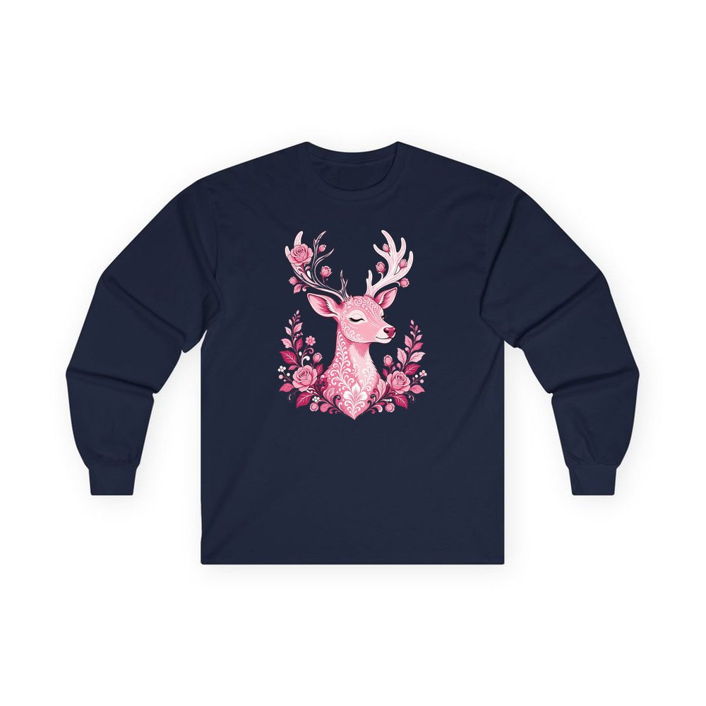 Pink Floral Reindeer personalised long sleeve Christmas T-shirt in navy