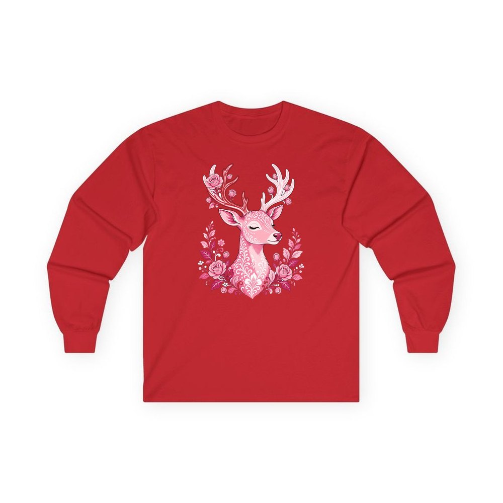 Pink Floral Reindeer personalised long sleeve Christmas T-shirt in red