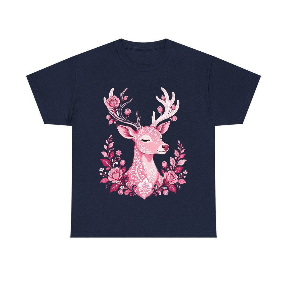 Pink Floral Reindeer personalised Christmas T-shirt in navy