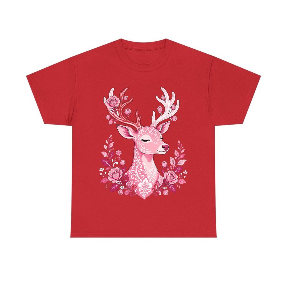Pink Floral Reindeer personalised Christmas T-shirt in red