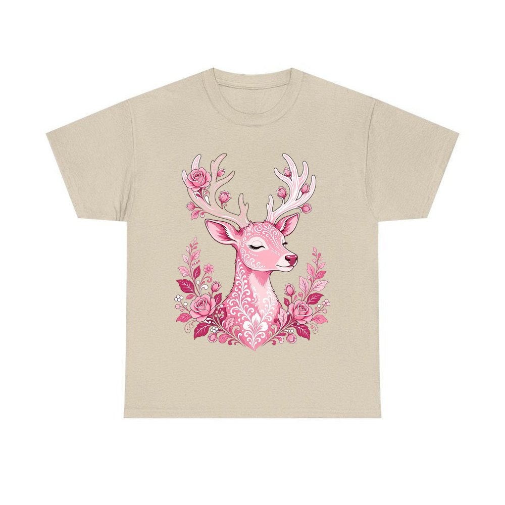 Pink Floral Reindeer personalised Christmas T-shirt in sand