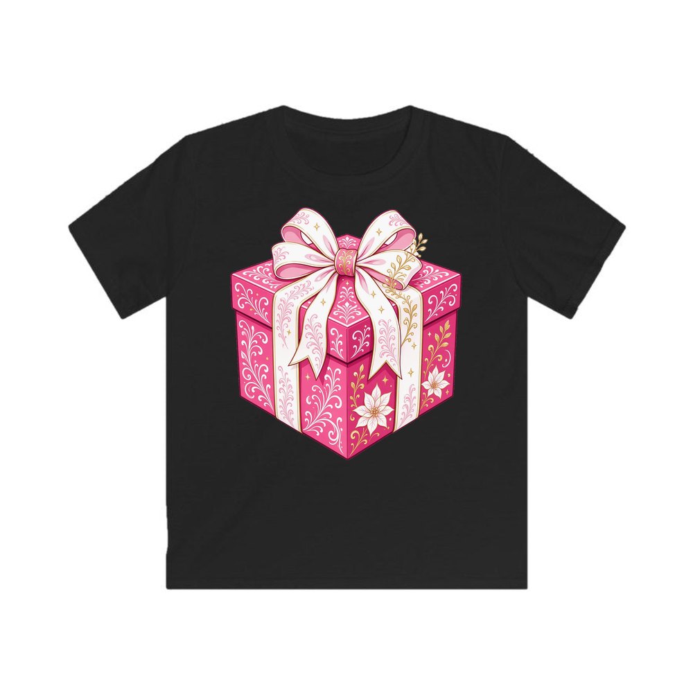 Pink Gift Box White Ribbon personalised kids Christmas tee in black
