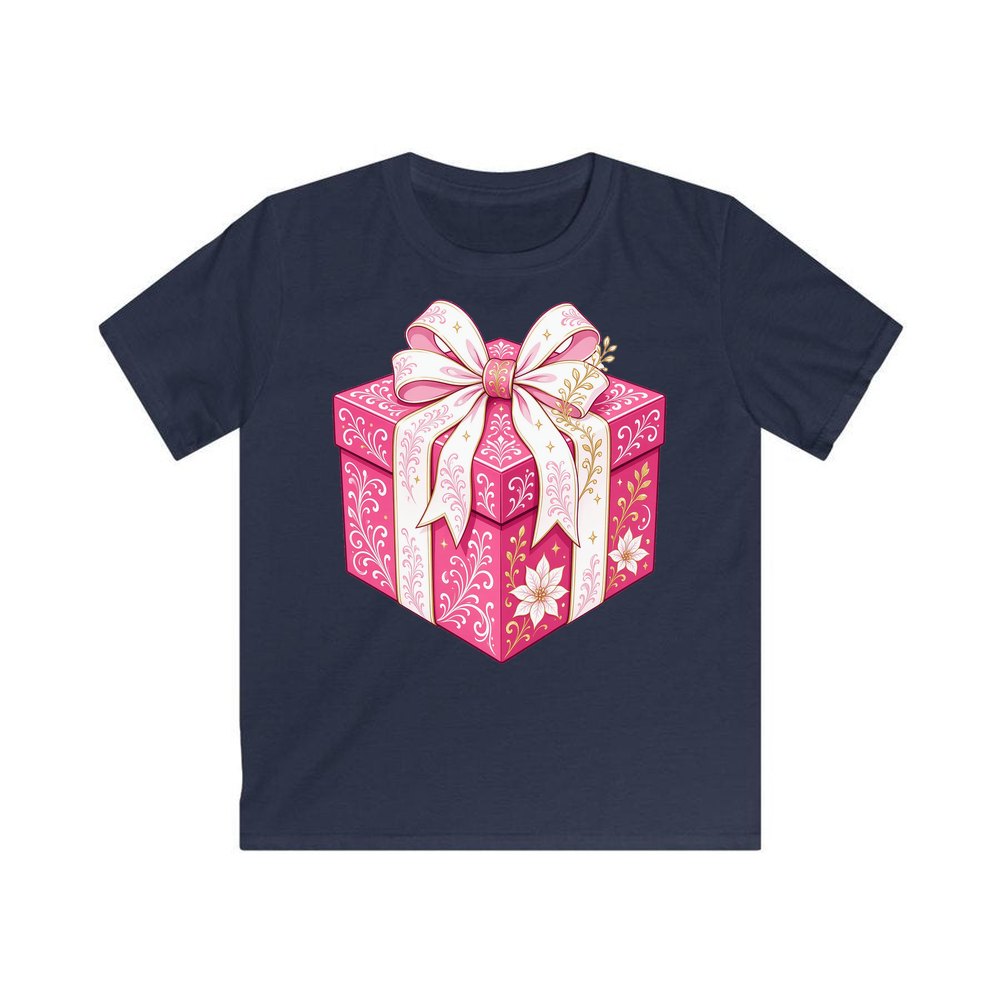 Pink Gift Box White Ribbon personalised kids Christmas tee in navy
